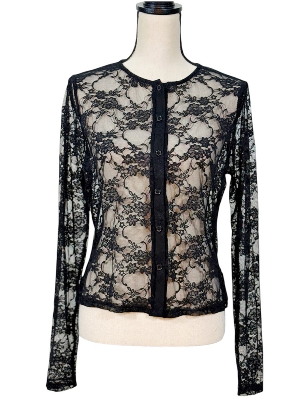 Fashion Nova Black Sheer Lace Top Long Sleeve Button Front Y2K Goth